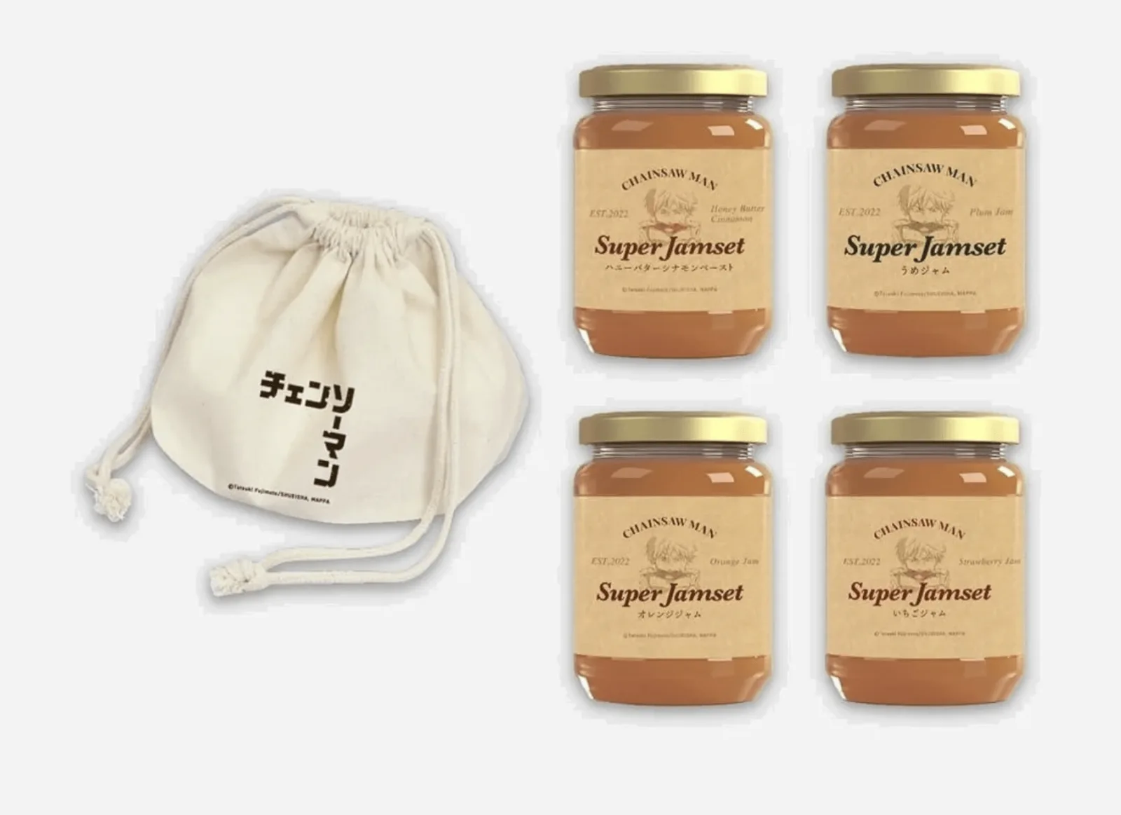 チェンソーマン×伊勢丹のコラボグッズ。巾着袋と、金色の蓋のジャム瓶Super Jamset4本