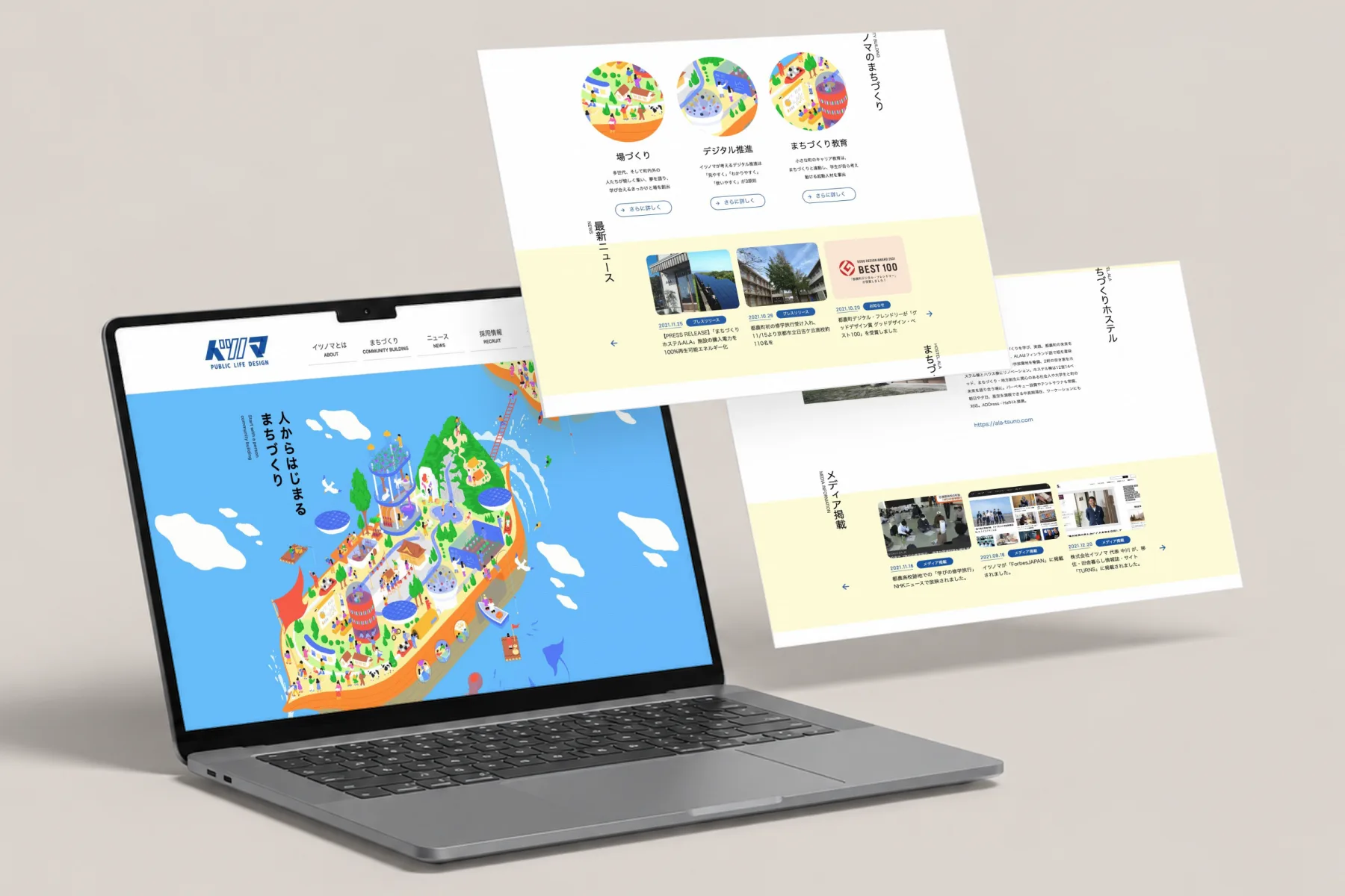 株式会社イツノマのコーポレートサイトを、3画面、立体的に並べたモックアップ。ノートPCには、船のような島に人々が暮らす様子を描いたイラストと「人からはじまる まちづくり」の言葉を置いたトップ、手前の2枚には、3つの円形のイラストで示した事業と最新ニュース、まちづくりホステルの紹介とメディア掲載