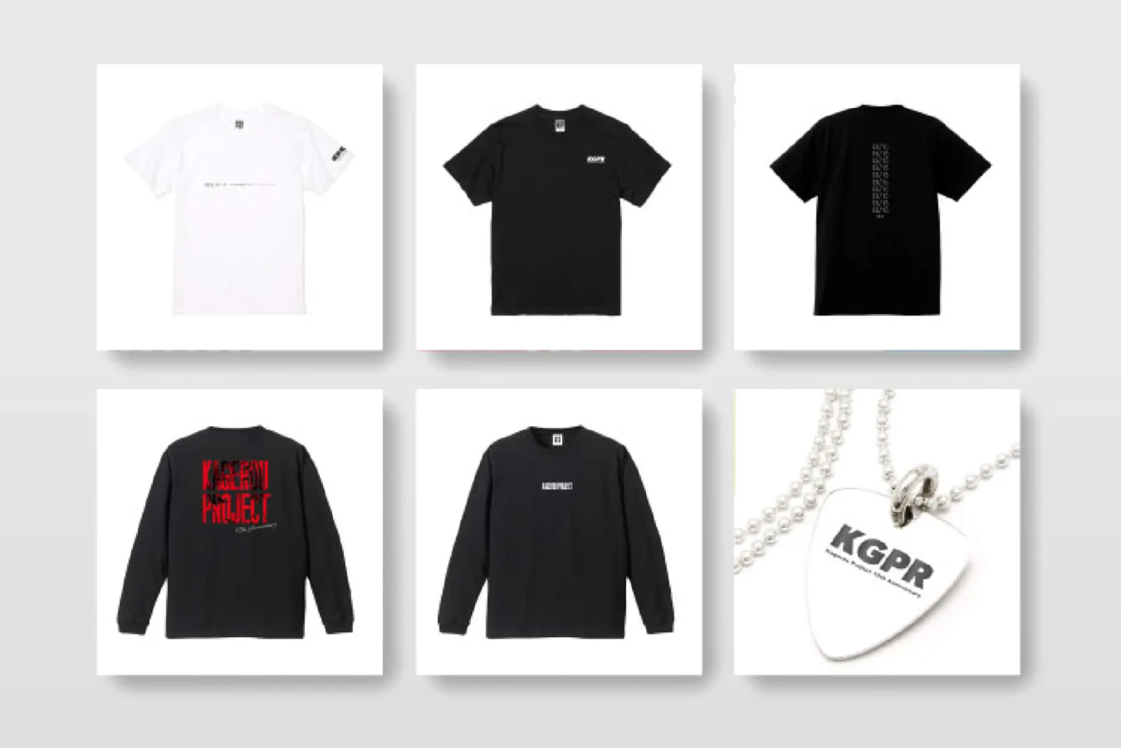 グレー背景に6点の商品写真。TシャツとロンT、赤字の「KAGEROU PROJECT」、ネックレス
