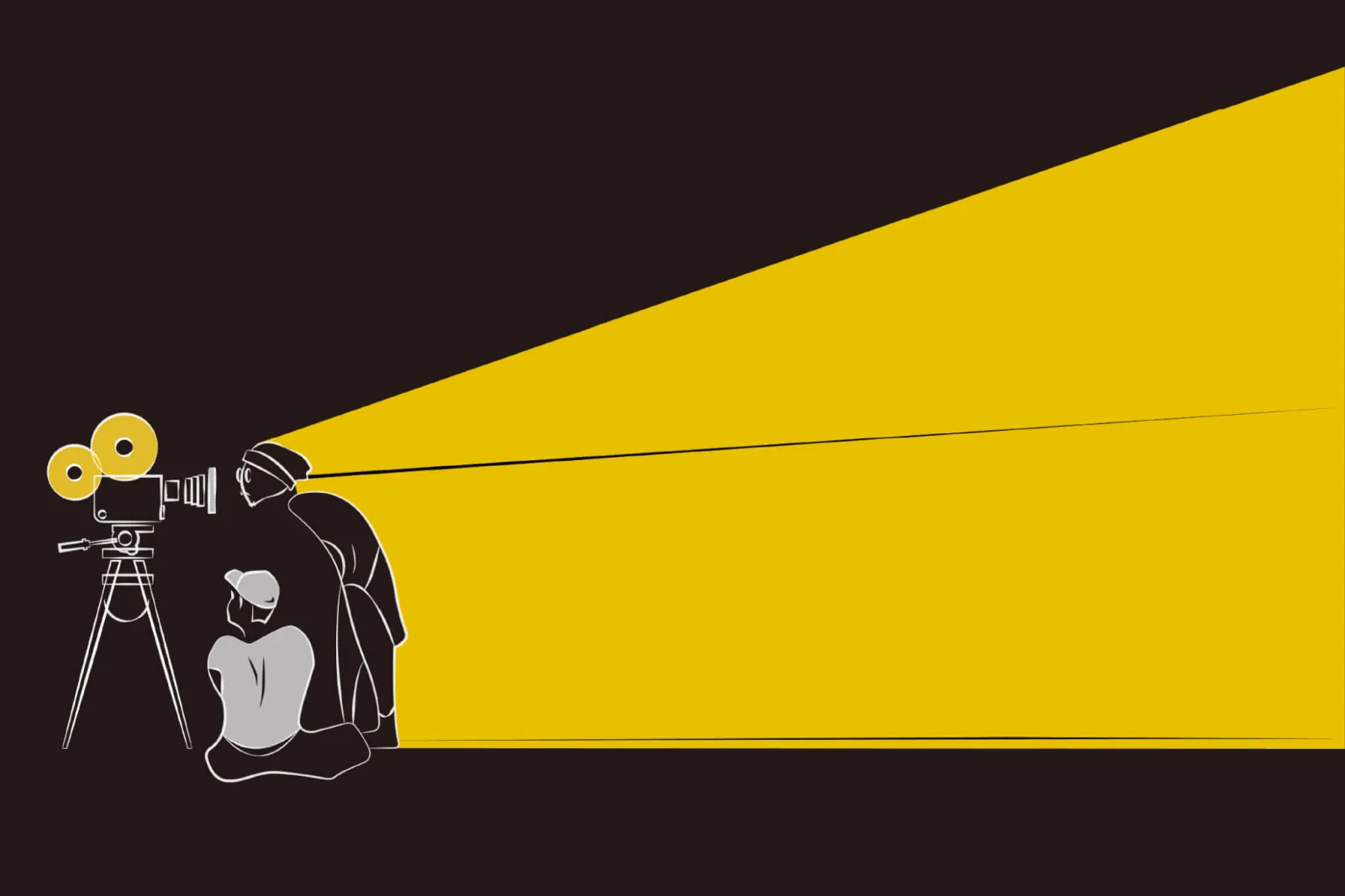 黒背景に線画イラスト。三脚の映写機を操作する人物と座って見る人物、黄色い光の三角形が伸びる