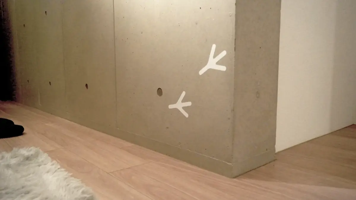 壁の下に描いた鳥の足あとのしるし