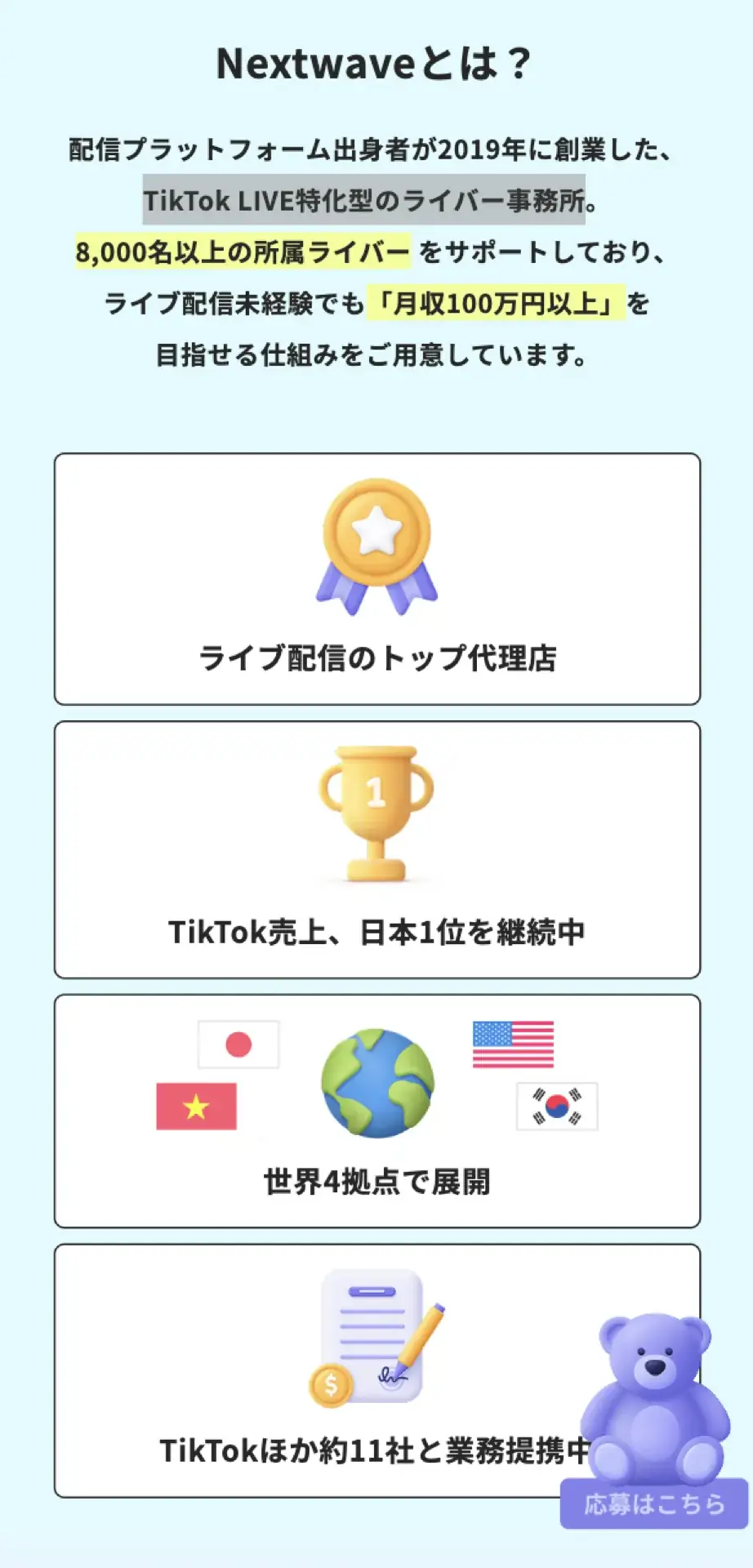 Nextwaveの紹介。事務所の特徴を4つのカードで示す