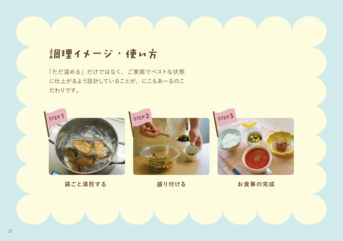 冷凍状態から盛り付けまでの調理手順を写真で説明する見開き