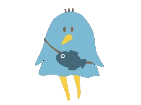 にこもあーるの青い鳥のキャラクター。魚のかばんを提げている