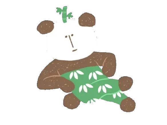 にこもあーるのパンダのキャラクター。竹を背負い、葉柄の服を着ている