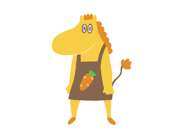 にこもあーるの黄色い馬のキャラクター。にんじんの絵のついた茶色のエプロンを着けている