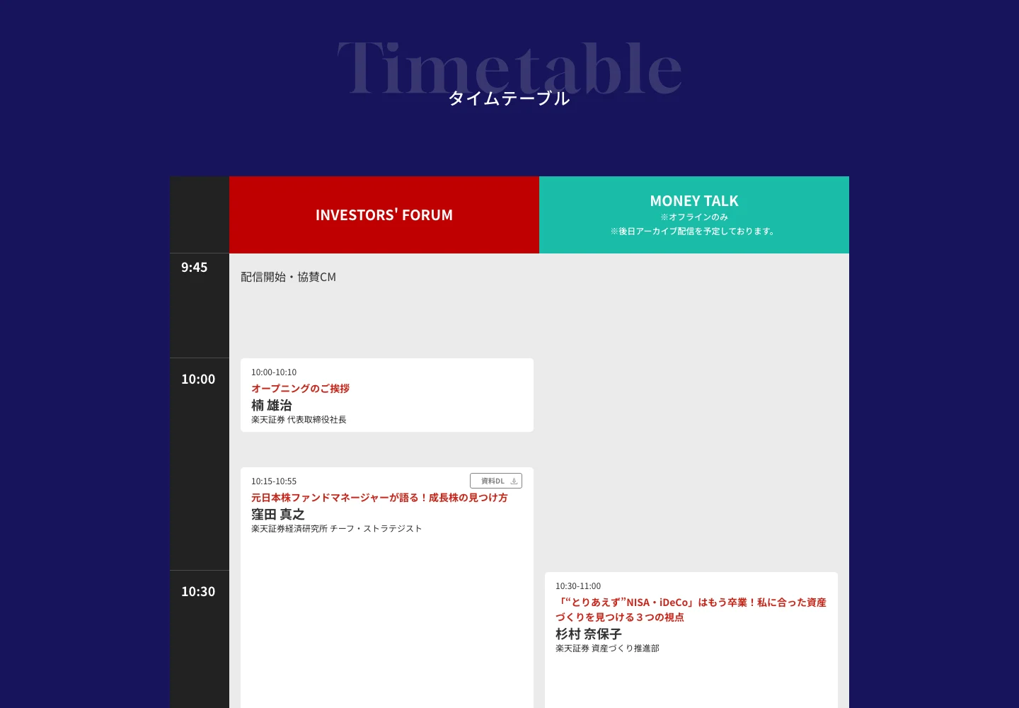 投資の日 in Osakaのタイムテーブル。2つのステージの講演を時間軸で表示
