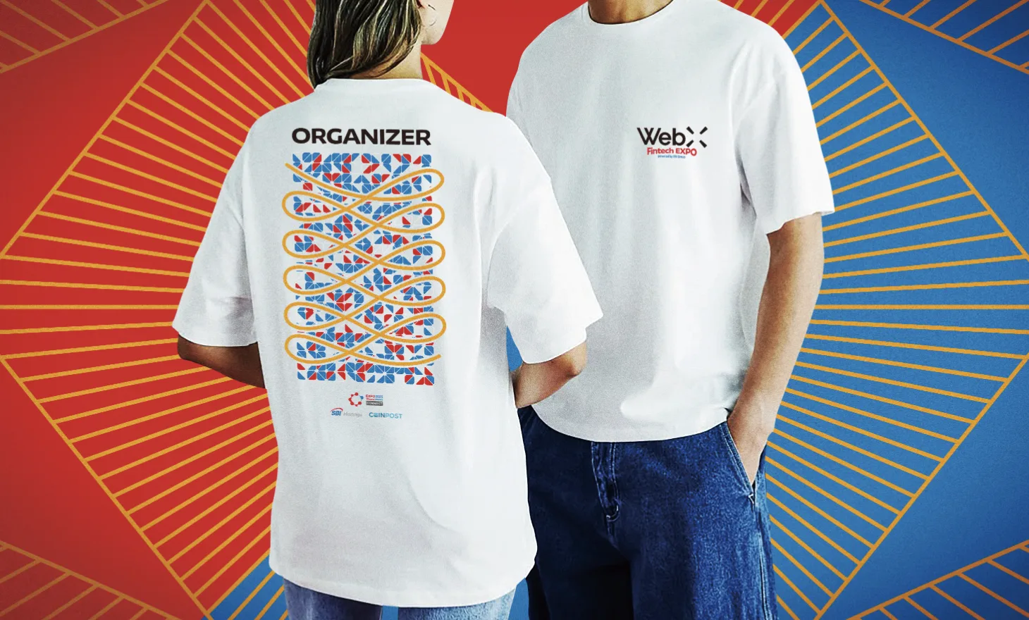 WebX Fintech EXPOの白いオーガナイザーTシャツ。前面にロゴ、背面にキービジュアルを展開