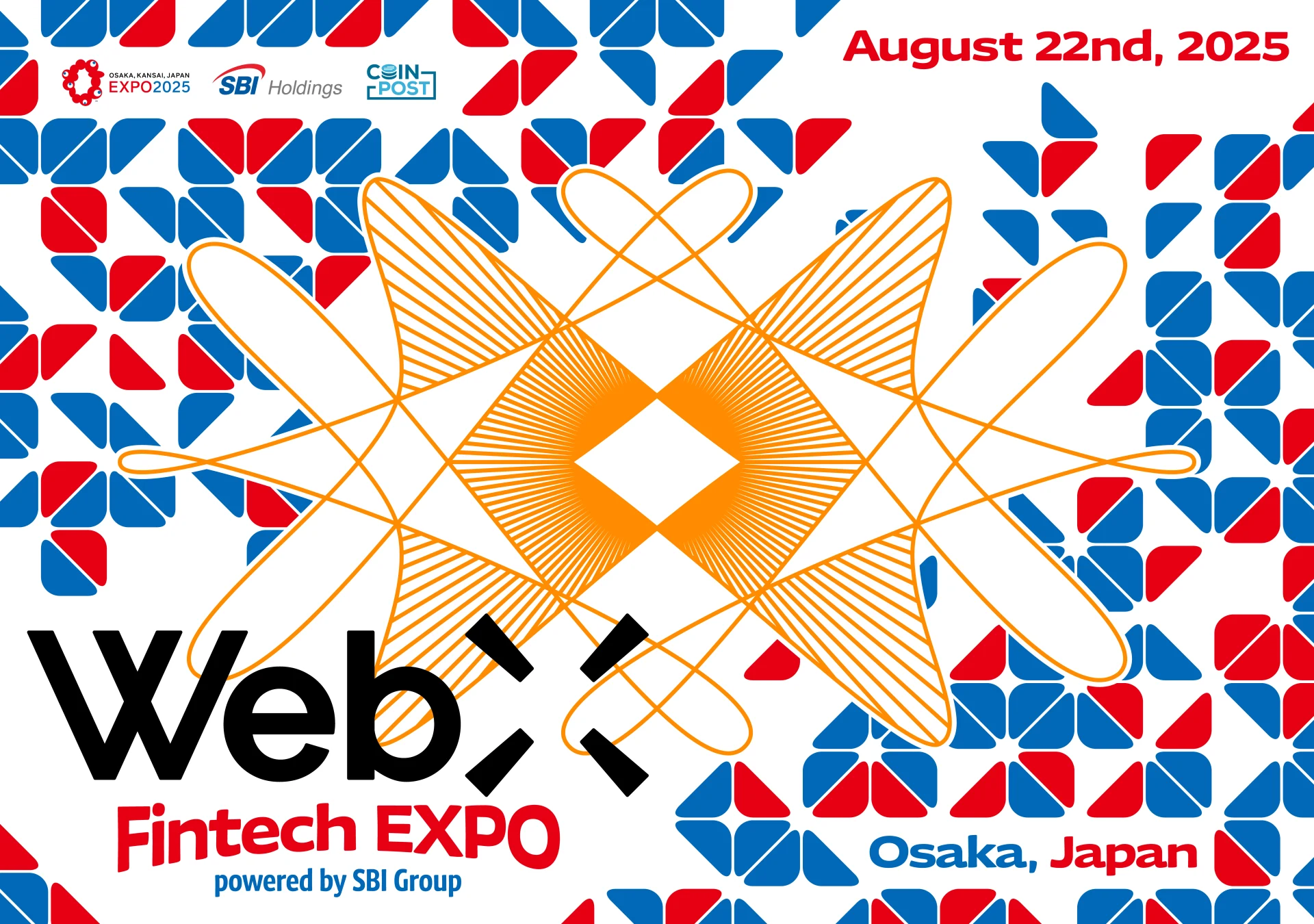 WebX Fintech EXPO powered by SBI Groupのキービジュアル。赤と青の幾何学模様にオレンジのあやとりを重ねたデザイン