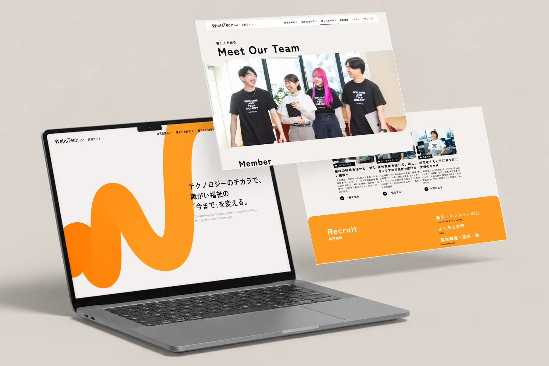 WellsTechの採用サイトの3画面を立体的に並べたモックアップ。オレンジの波状の線と「テクノロジーのチカラで、障がい福祉の「今まで」を変える。」の見出しを置いたトップページ、スタッフ4人の写真を大きく使った「Meet Our Team」、社員のインタビュー3件とオレンジ色の「Recruit 採用情報」の案内